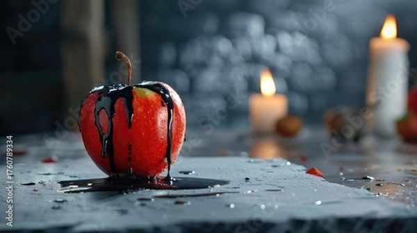 Fototapeta Glazed Red Apple with Dark Drizzle on Slate Surface Surrounded by Flickering Candles and Mystical Atmosphere