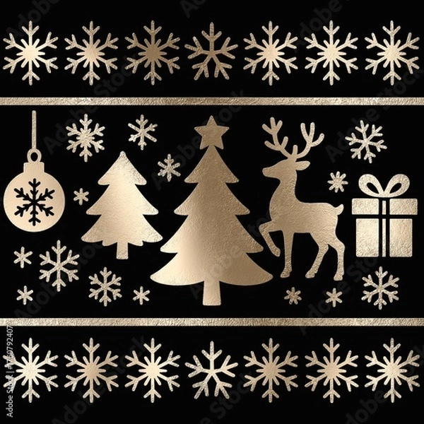 Obraz Golden christmas winter pattern featuring trees and reindeer