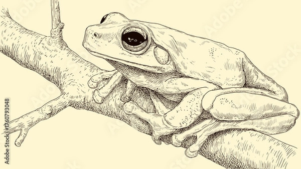 Fototapeta Detailed hand-drawn illustration of a tree frog on a branch, vintage style pen and ink sketch of a wild amphibian.