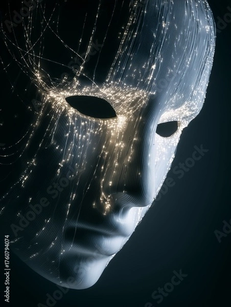Fototapeta Face of AI Artificial Intelligence. Mysterious mask with glowing network of lights and dark background creating an air of intrigue and technological advancement. 