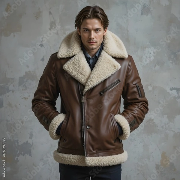 Fototapeta Shearling coat, Shearling jacket, Sheepskin jacket, Autumn clothes, AI Generative