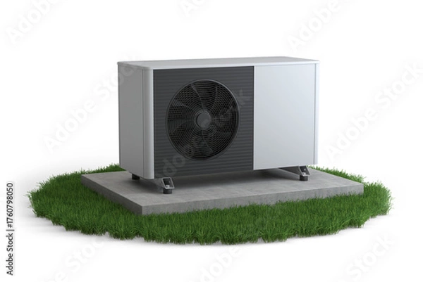 Fototapeta Heat pump unit on grass, isolated on transparent background, 3D illustration