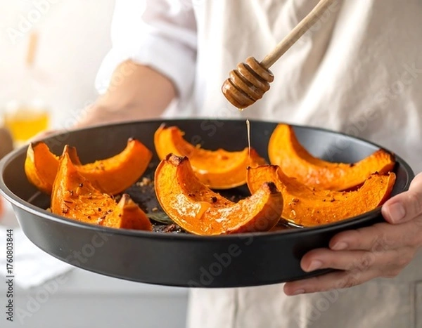 Obraz Honey Drizzled Roasted Pumpkin Slices on Baking Tray.