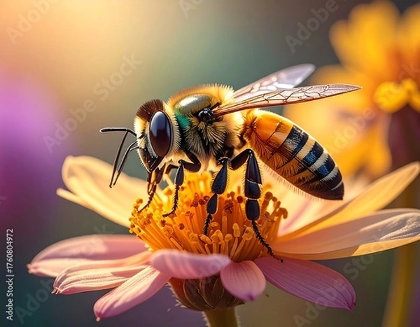 Obraz Honeybee Gathering Nectar on a Pink Flower in Sunlight.