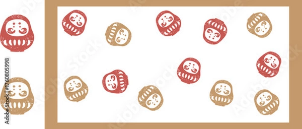 Obraz だるまの版画風イラストとパターン素材　正月アイコン　スタンプ　年賀状