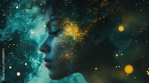 Fototapeta A mesmerizing profile of a woman, with cosmic colors and stars blending into her hair and face, showcasing the beauty of the universe.