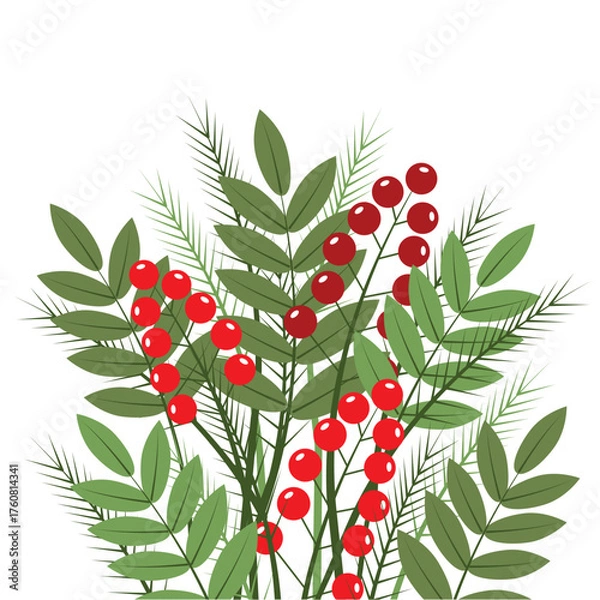 Fototapeta Christmas bouquet of Christmas tree branches and berries. It is suitable for making Christmas greeting cards and New Year's invitations