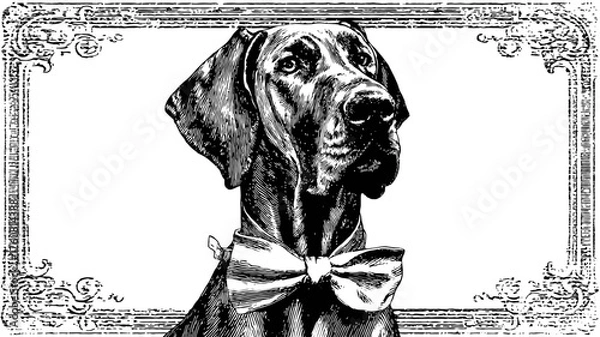 Fototapeta Stylish black and white vintage dog illustration with a bow tie in an antique decorative frame, elegant pet portrait artwork