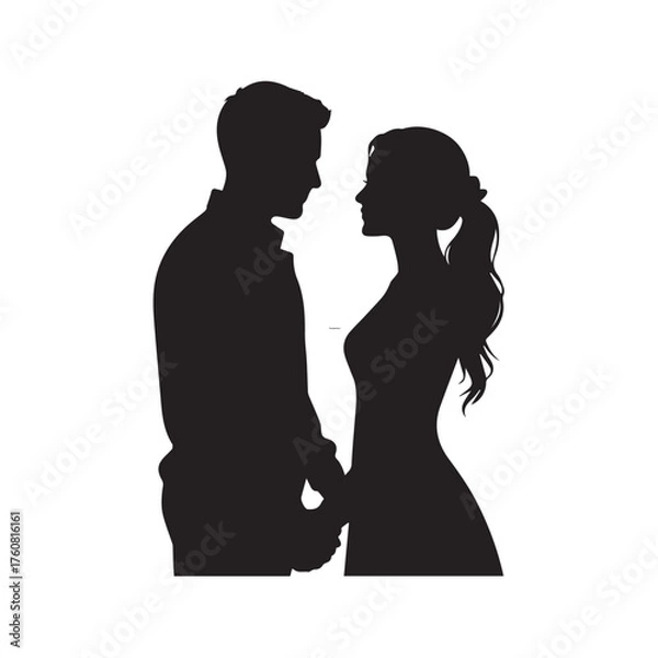 Fototapeta Vector art of silhouette of a romantic couple holding hands and looking at each other