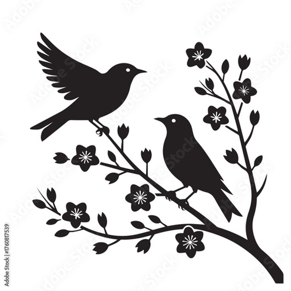 Fototapeta Vector art of two black birds silhouette perched on a blooming tree branch with flowers