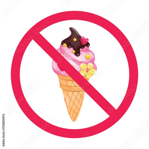 Fototapeta No ice cream sign, forbidden sign with ice cream icon, dont eat ice cream, negative effects of eating ice cream, disadvantages of eating ice cream, red crossed circle symbol, vector illustration