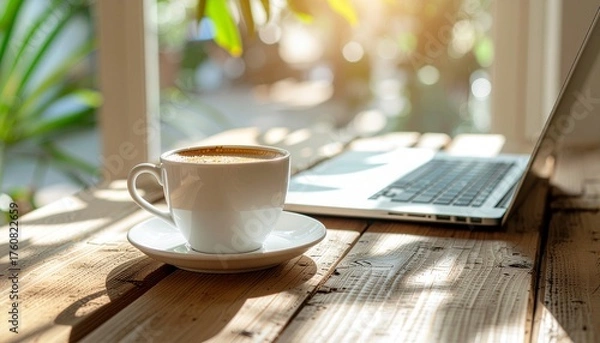 Obraz A white coffee cup on a wooden desk beside a laptop in natural morning light, creating a cozy work-from-home atmosphere and symbolizing productivity, relaxation, and inspiration.