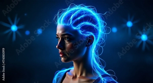 Fototapeta A mesmerizing artistic rendering showcasing a female figure with radiant blue energy flowing through her, symbolizing intellect, technology, and futuristic concepts