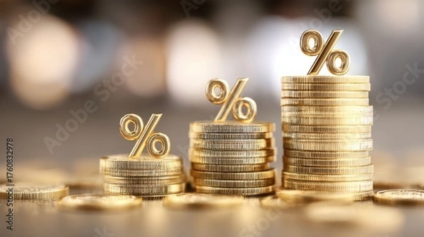 Fototapeta A visually striking composition of golden coins stacked high, featuring plus and percentage symbols. This representation conveys themes of financial growth and business success in an abstract setting.