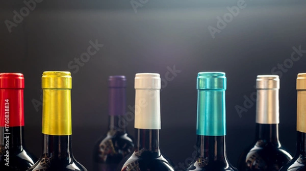 Fototapeta Striking, low-key, close-up photograph of the necks of multiple dark wine bottles lined up, distinguished by their vibrant and diverse colored foil capsules against a dark, dramatic background