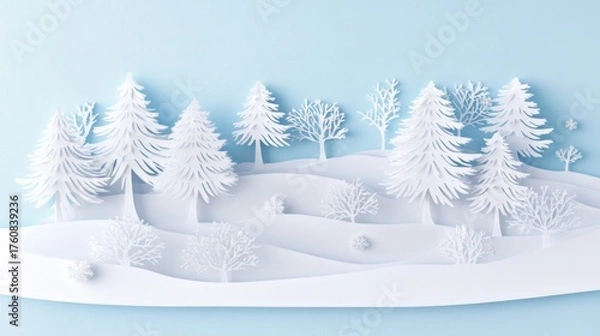Fototapeta Serene winter landscape with intricate paper cutout trees and hills on soft A featuring white cutouts