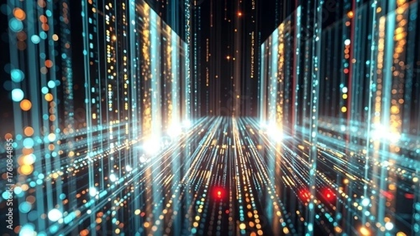 Obraz Fiber optic cables illuminate the night city skyline, creating a speed-of-light impression across the urban landscape