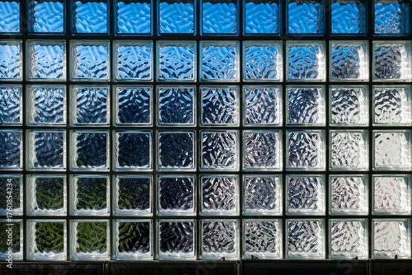 Fototapeta よく晴れた日の青空を映すブロックガラスの窓,
