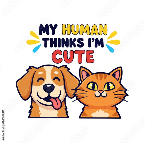 Fototapeta Adorable Pet T-Shirt Vector Design – Cartoon Dog or Cat with Funny Expression, Playful Typography and Bright Colors