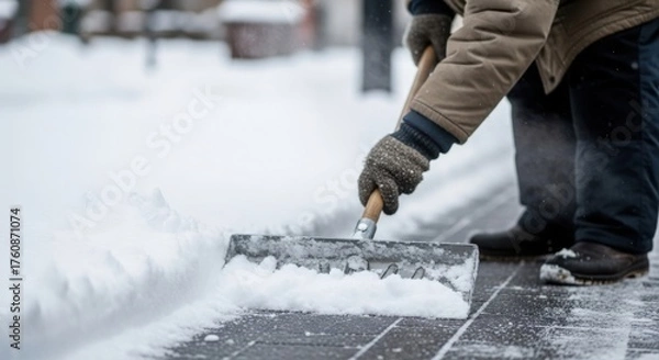 Fototapeta Person shoveling snow on winter sidewalk