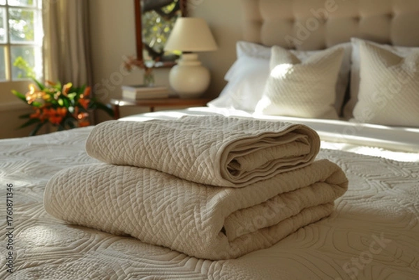 Fototapeta In a tranquil Scandinavian bedroom, two neatly rolled towels sit on a bed with a quilted white cover. Soft sunlight illuminates the space, highlighting the minimal decor and fresh flowers