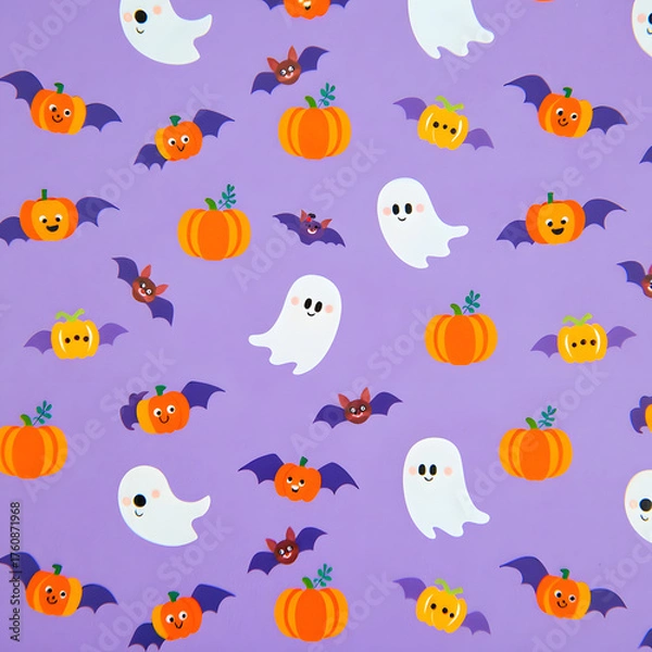 Fototapeta Cute Halloween vector seamless pattern with cartoon birds and flowers for a fun baby mathbf illustration