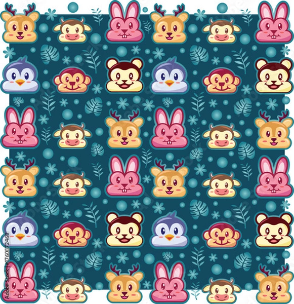 Fototapeta Adorable Cartoon cute animal head seamless pattern for kids background vector