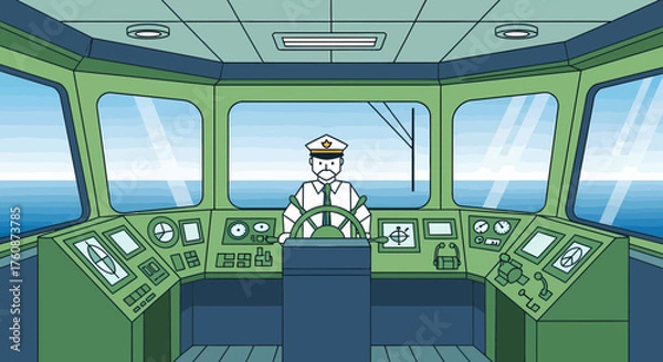 Obraz Captain Navigating Ship Interior With Control Panel And Open Sea View