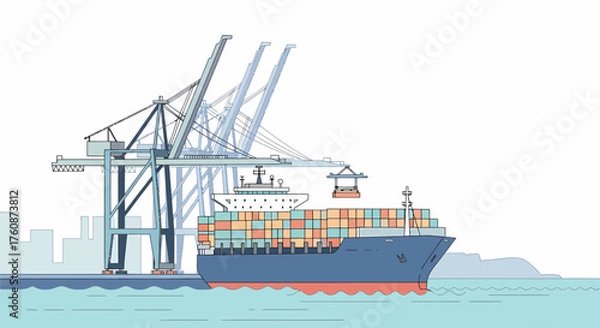 Obraz Cargo Container Vessel Loading At Harbor Port Minimal Illustration