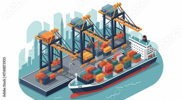 Obraz Cargo Ship At Dock With Gantry Cranes Isometric Illustration