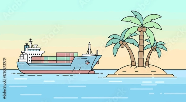 Obraz Cargo Ship Navigating Waters Near Deserted Island With Palm Trees