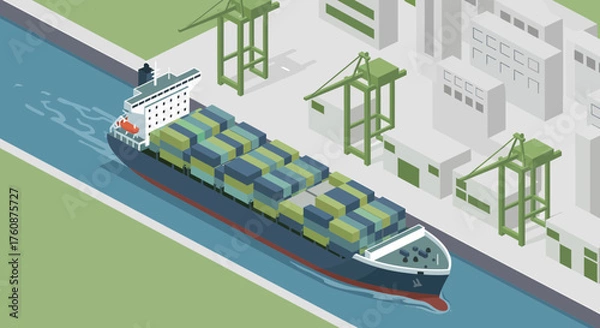 Obraz Isometric Cargo Ship Transporting Containers In Industrial Port