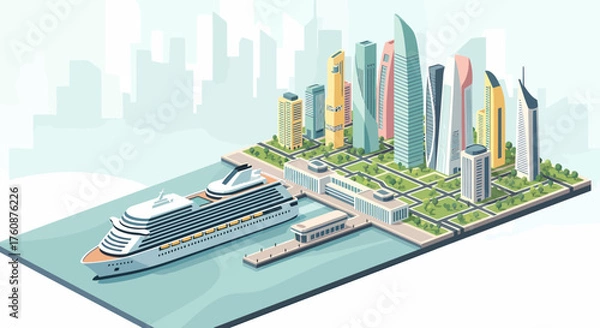 Obraz Modern Cityscape With Cruise Ship At Port In Isometric View
