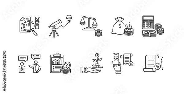 Fototapeta  Accounting web icon set line symbol illustration concept for business and finance with audit, analysis, balance, budget, calculation, tax, payment, investment, profit, and advice icons
