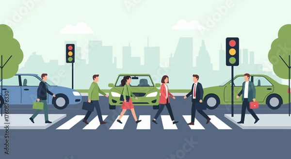 Obraz People Crossing The Street In A Cityscape Setting Illustration