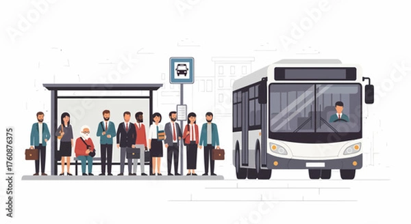 Obraz People Waiting For The Public Bus At The Bus Stop Illustration