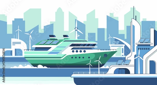 Obraz Sustainable Future City With Modern Yacht And Renewable Energy