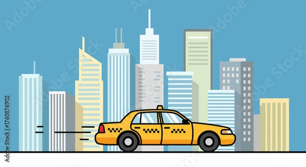 Obraz Taxi Cab Vector Illustration With Cityscape Buildings Background