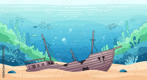 Obraz Underwater Scene With Shipwreck And Marine Life, Stylized Illustration