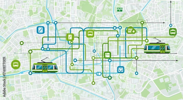 Obraz Urban Transit Network With Tram Illustration on a Map Background