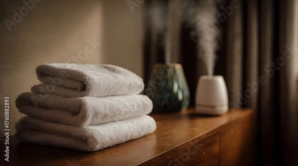 Fototapeta A tranquil domestic scene featuring a stack of clean white towels and an active aroma diffuser releasing mist
