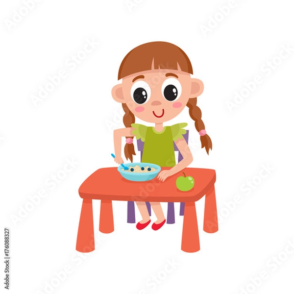 Fototapeta vector flat cartoon girl kid eating apple and porridge sitting at baby table from plate, smiling. isolated illustration on a white background. Daily routine concept