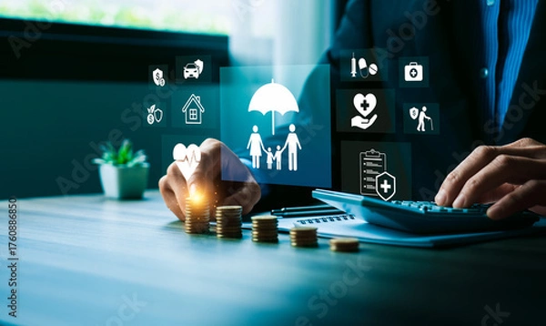 Fototapeta Financial planning and insurance protection concept with businessman stacking coins and using calculator, digital icons of family, health, home, car, savings, medical, security and future investment