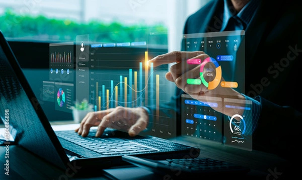 Fototapeta Financial data visualization with digital charts and analytics dashboard, showing business growth, performance metrics, and innovation, representing financial analysis, big data, business intelligence