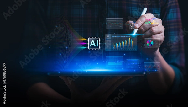 Fototapeta Artificial intelligence data visualization with person using tablet and digital pen, showing AI chip, analytics dashboard, and futuristic charts representing machine learning, big data, and innovation