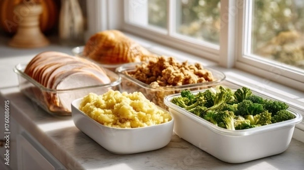 Obraz Thanksgiving leftovers food containers meal prep turkey vegetables countertop