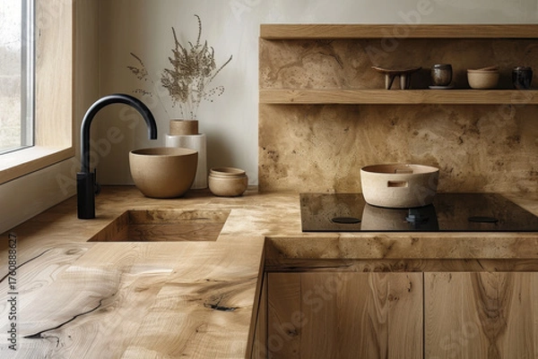 Fototapeta This Scandinavian kitchenette showcases light birch wood cabinetry and countertops, featuring minimalistic design elements and natural textures. Perfect for cozy cooking moments