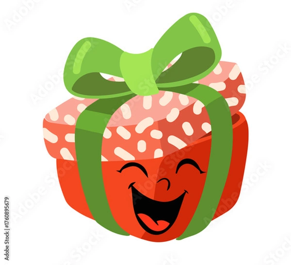 Fototapeta Cheerful cartoon laughing gift with green ribbon in Christmas colors.