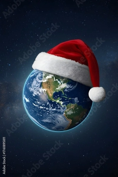 Obraz Earth Wearing a Santa Hat in Space