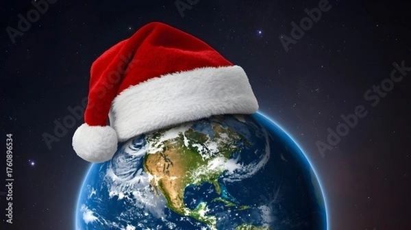 Obraz Earth Wearing a Santa Hat in Space